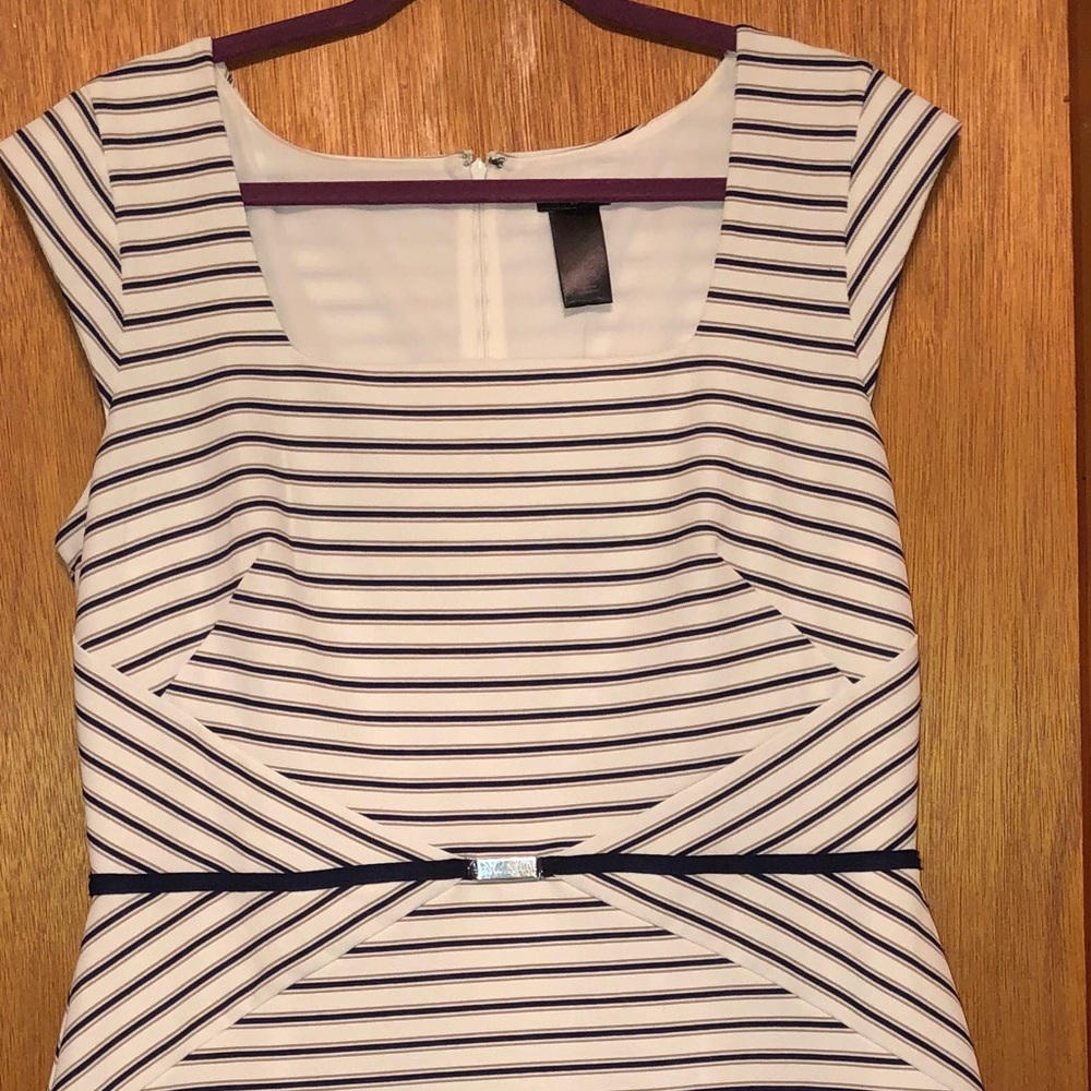 Ann Taylor navy and cream striped dress.